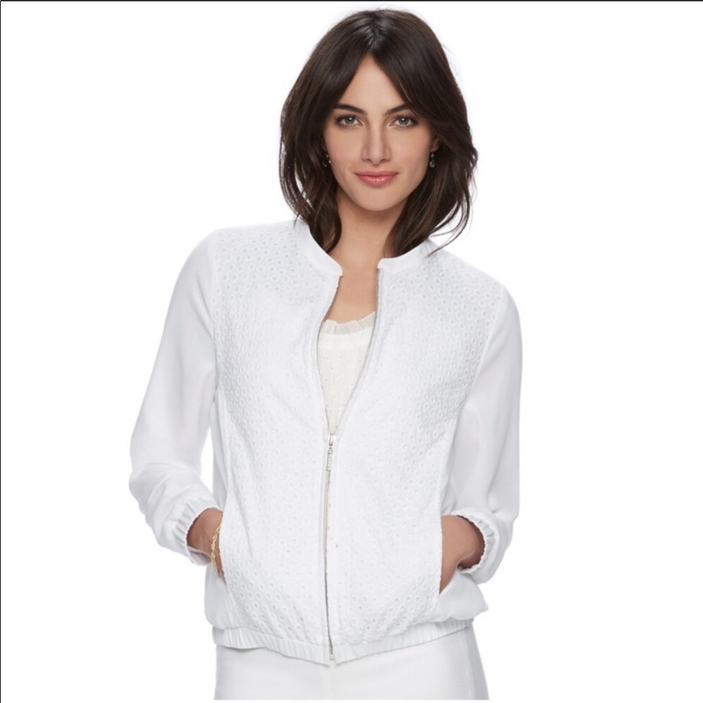 ELLE Bright White Eyelet Bomber Jacket Size XL